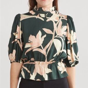 T Tahari Womens Blouse Top Small Green Pink Floral Print Ruffle Neck Peplum